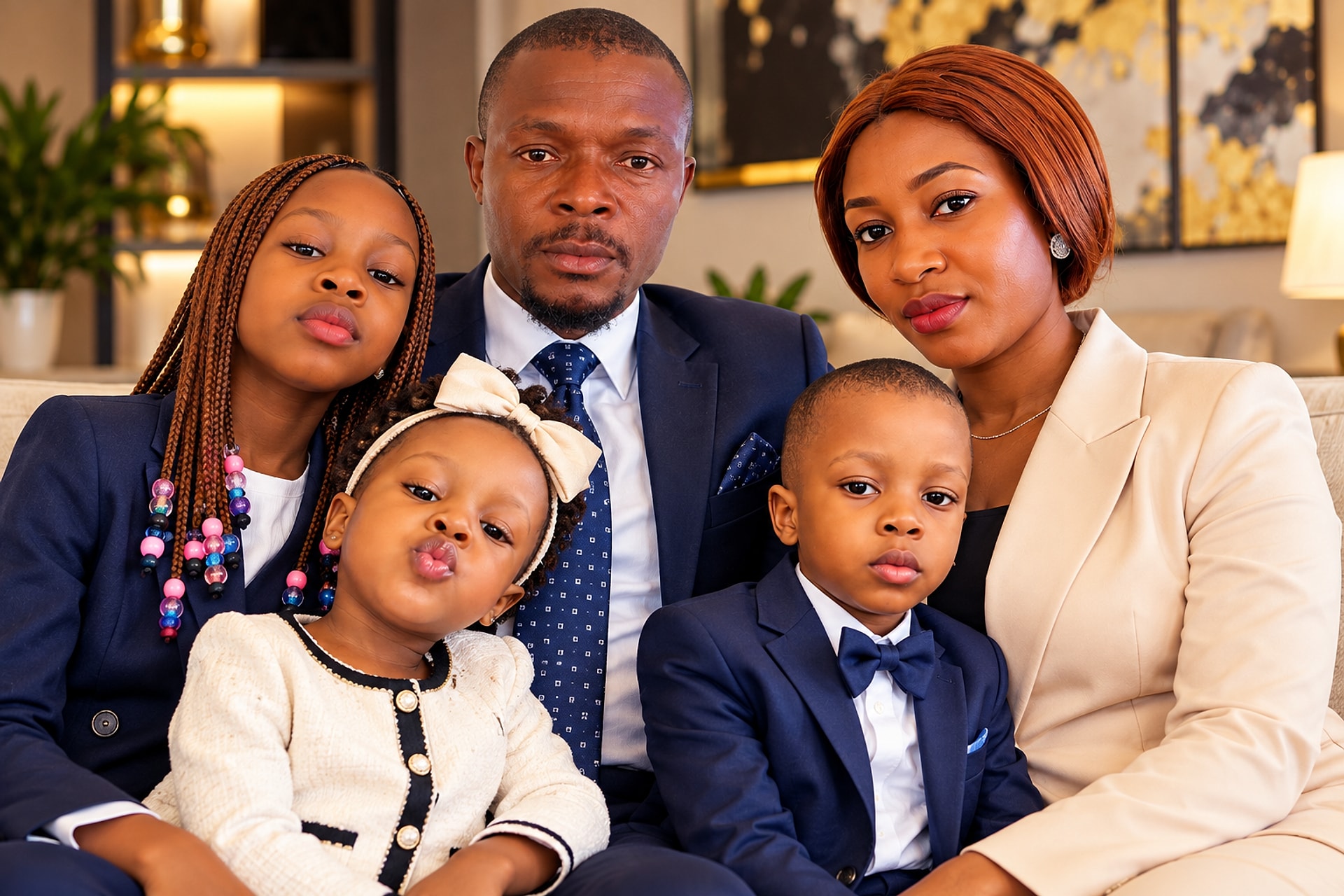 The family, formally dressed — what we were building toward