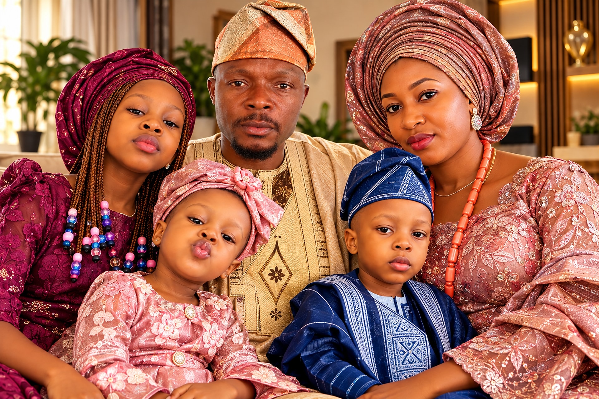 The family in traditional attire — faith, family, resilience, growth, purpose