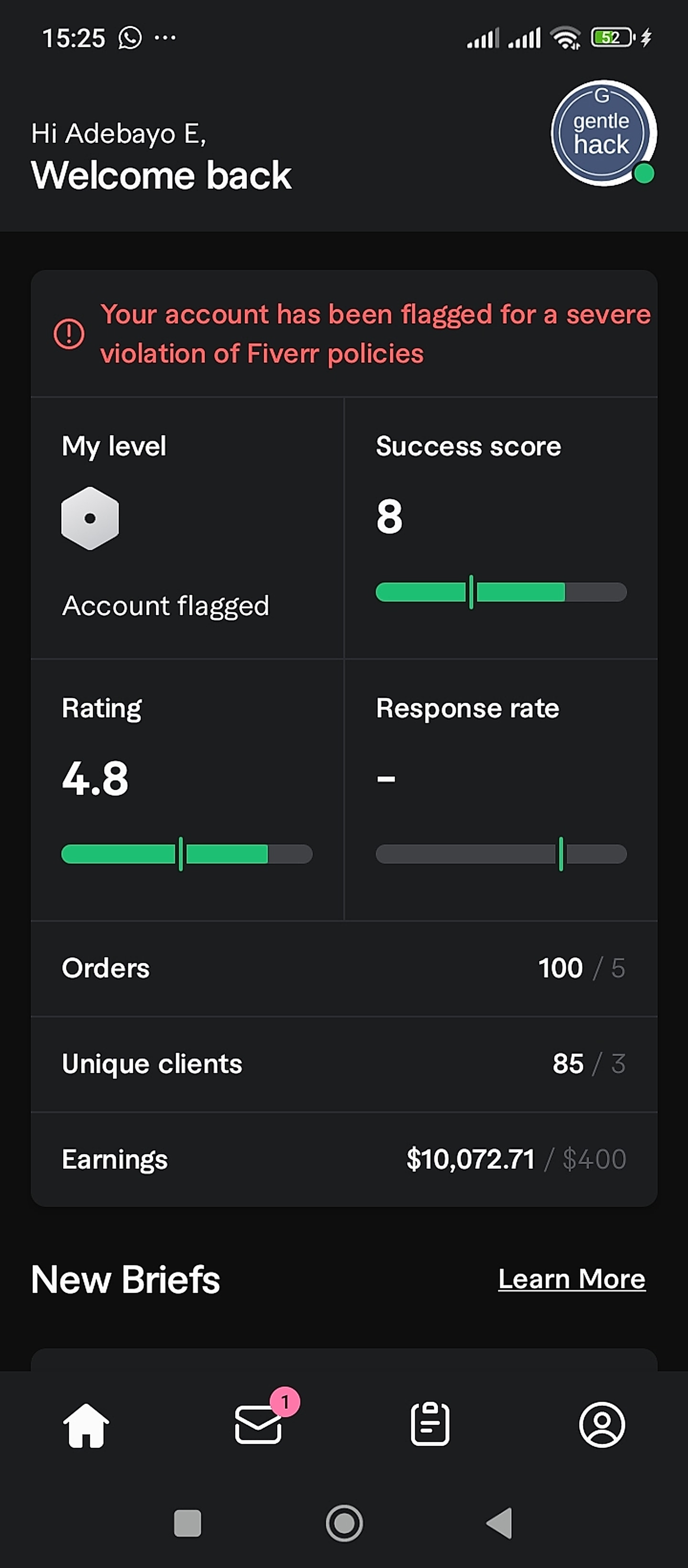 Fiverr dashboard: 100 orders, 85 unique clients, $10,072.71 earnings, 4.8 rating, success score 8, account flagged